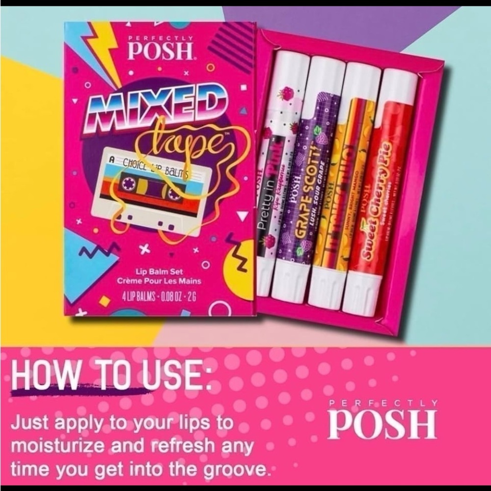 Perfectly Posh Mixed Tape Lip Balm Set of 4, NEW & Sealed in Box